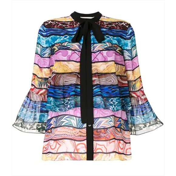 Mary Katrantzou Milana Silk Top Blouse Marble Stone Rainbow Stripe Tie Neck US 8 - Picture 1 of 16